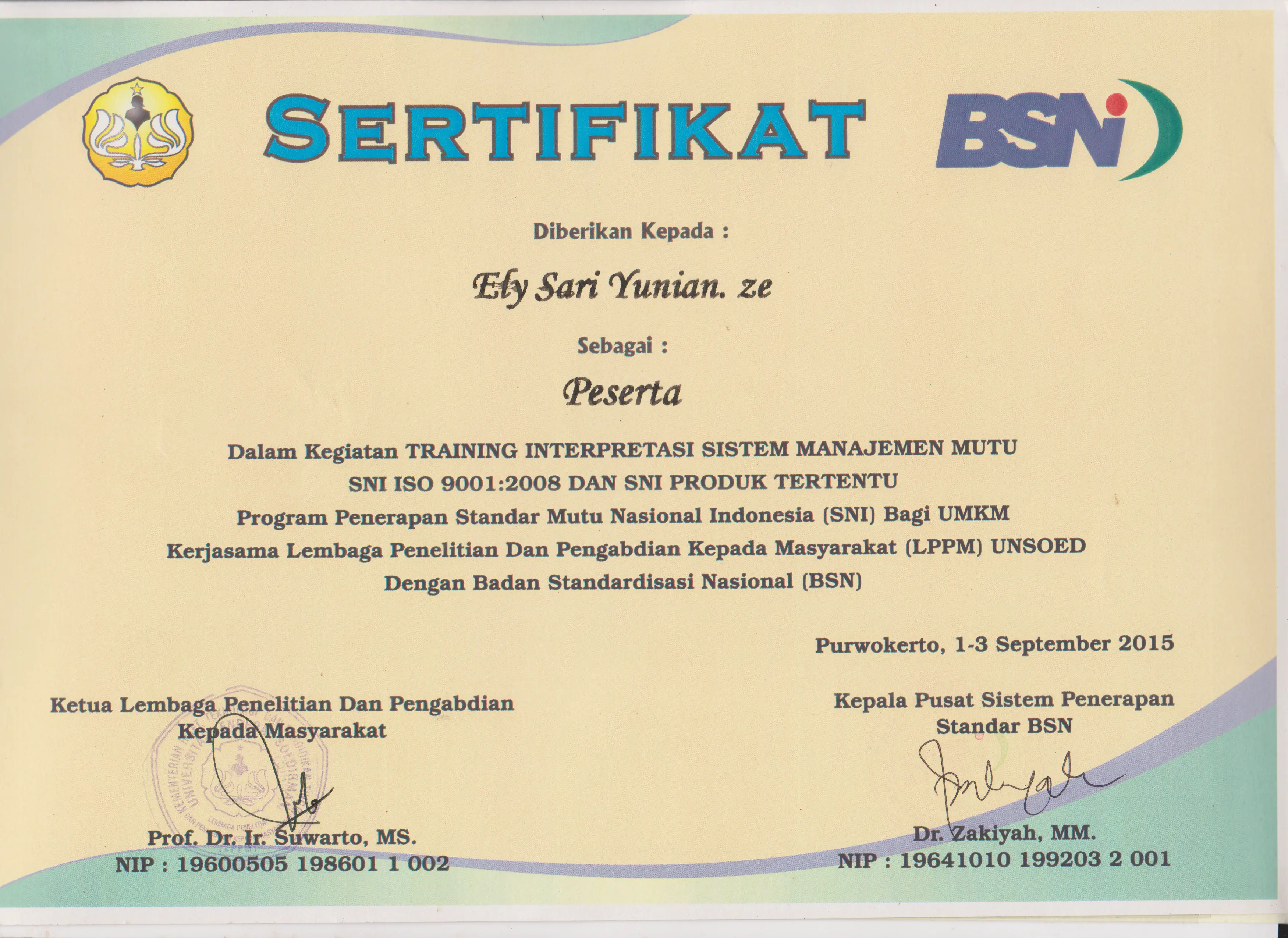 Sertifikat BSN Ely Sari Yunian